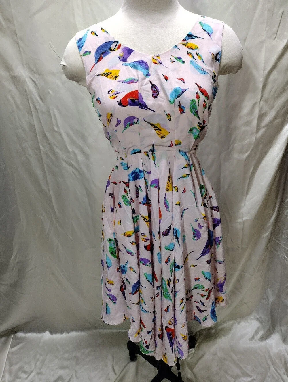 New Louche Chica Pink Sundress Women XS Birds Tie Bust Sleeveless